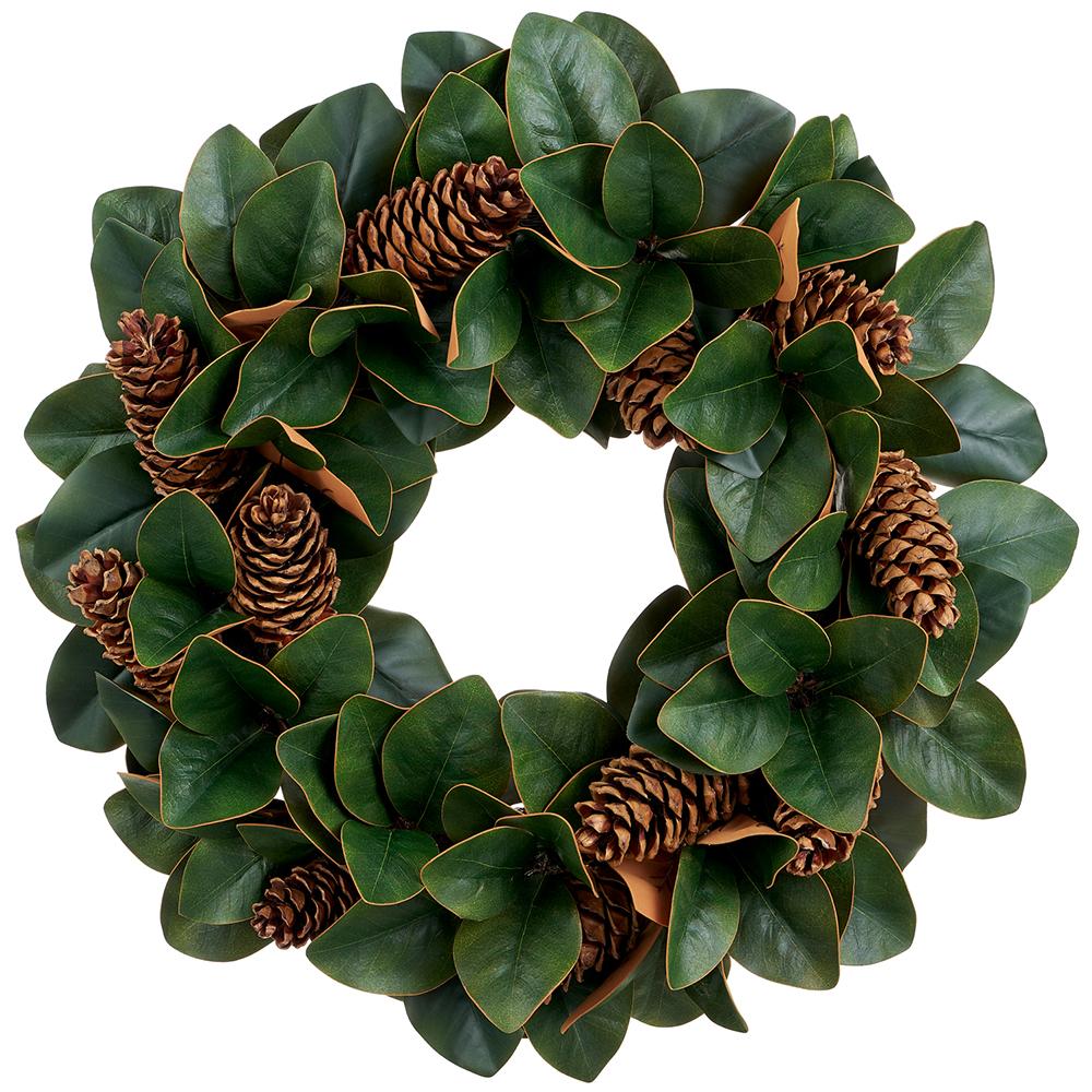 26-inch wreath featuring green magnolia leaves and brown pine cones.
