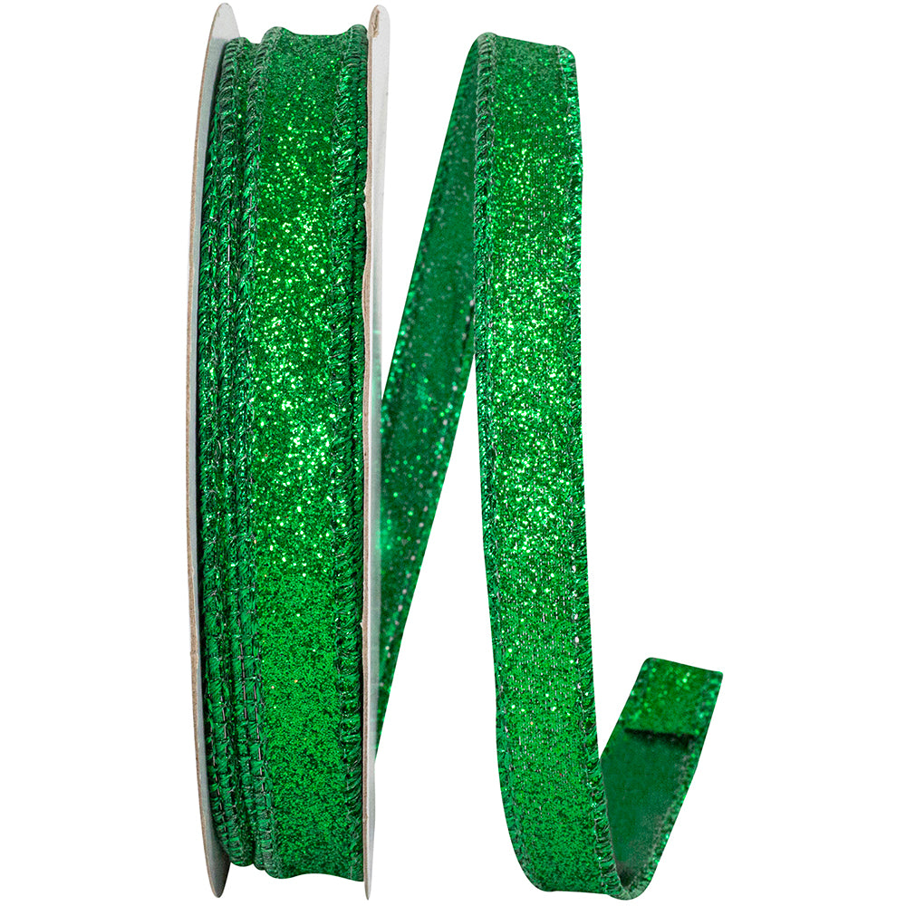 Emerald green glitter metallic lame wired edge ribbon on a spool.