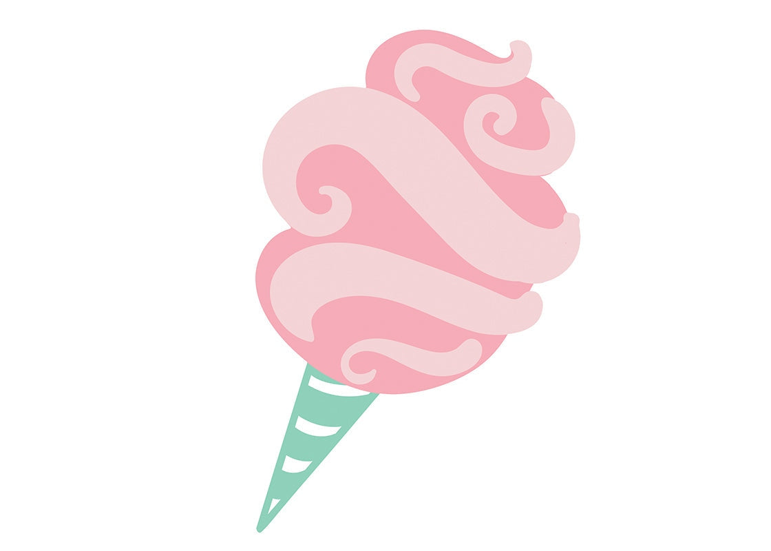 Pink cotton candy swirl on a mint and white striped cone with hook-and-loop fastener.
