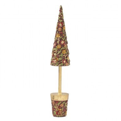 Resin floral blossom holiday tree with a cone-shaped top and matching base on a gold stem.