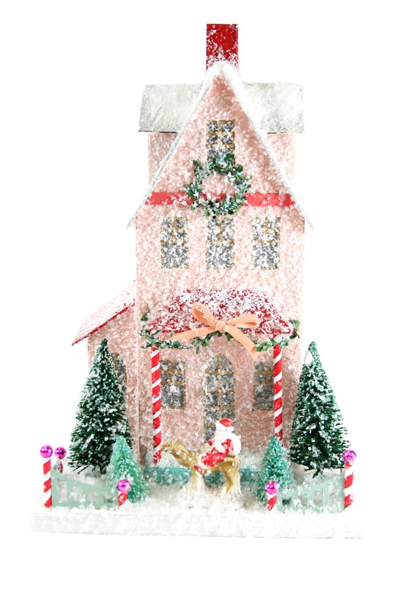 Merry Merry House cardboard decoration with translucent vellum windows and a hole in the back for lighting.