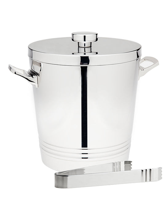 Top Shelf double walled stainless steel ice bucket with lid, side handles, and matching ice tongs.