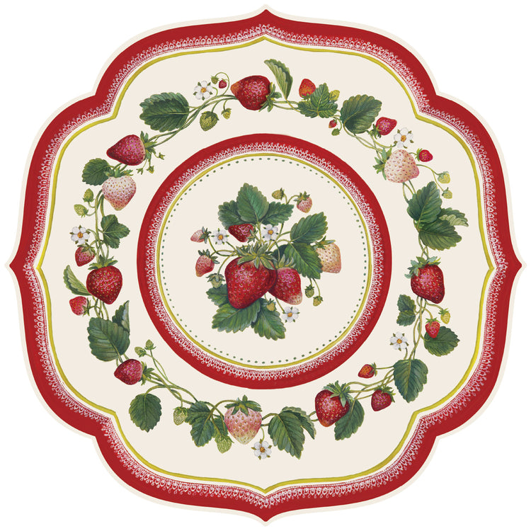 Die-cut strawberry paper placemat with scalloped edges on a white background.