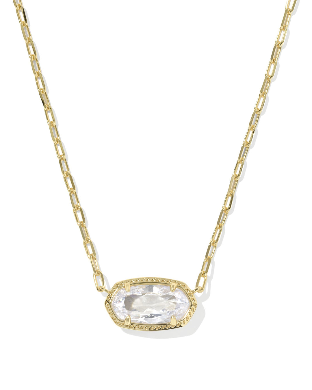 Elisa Luxe Short Pendant Necklace with a clear cubic zirconia stone on a gold paperclip chain.