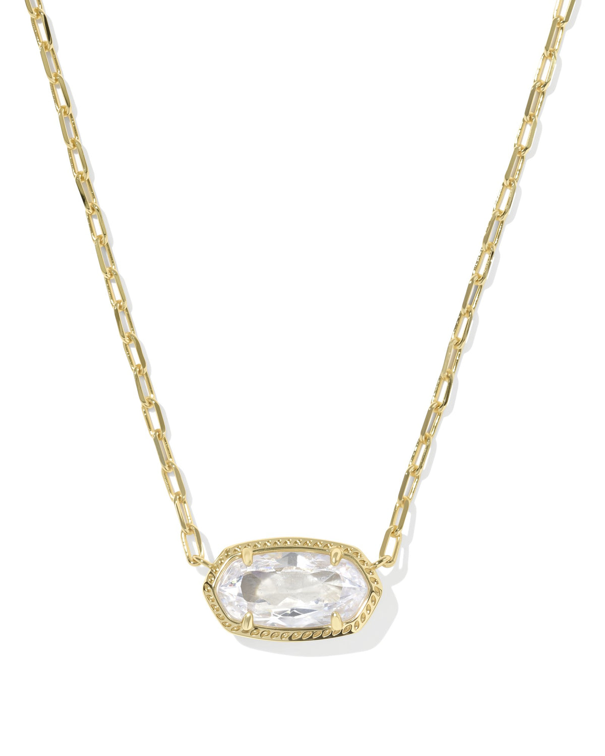 Elisa Luxe Short Pendant Necklace with a clear cubic zirconia stone on a gold paperclip chain.