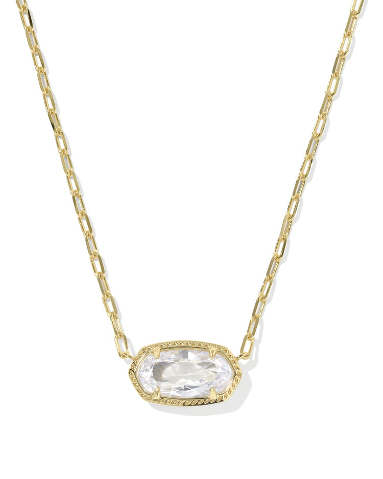 Elisa Luxe Short Pendant Necklace with a clear cubic zirconia stone on a gold paperclip chain.