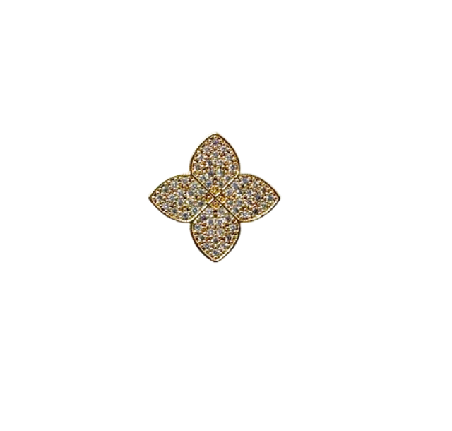 Gold-tone four-petal flower ring encrusted with small clear crystals.