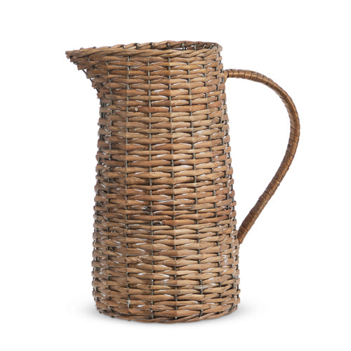 Natural wood woven vase with a cylindrical silhouette measuring 12 inches high.