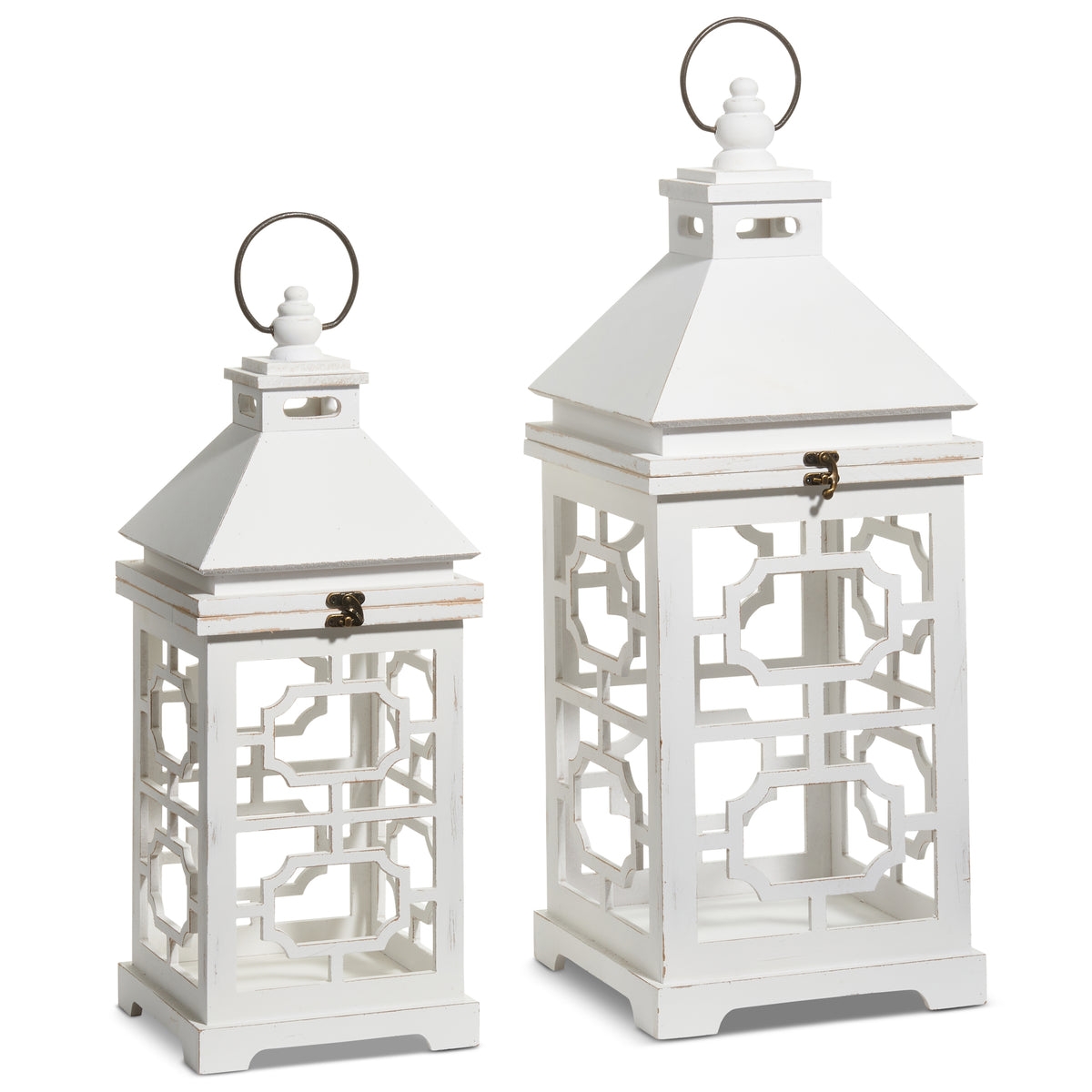White MDF geometric panel lantern with a square silhouette and open grid pattern.