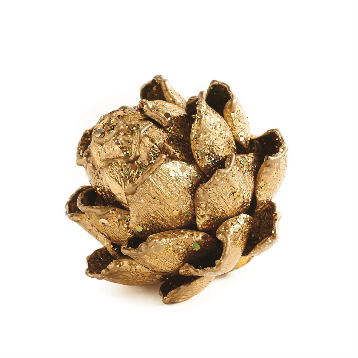 5-inch gold glitter artichoke decorative ornament with a metallic finish and textured petals.