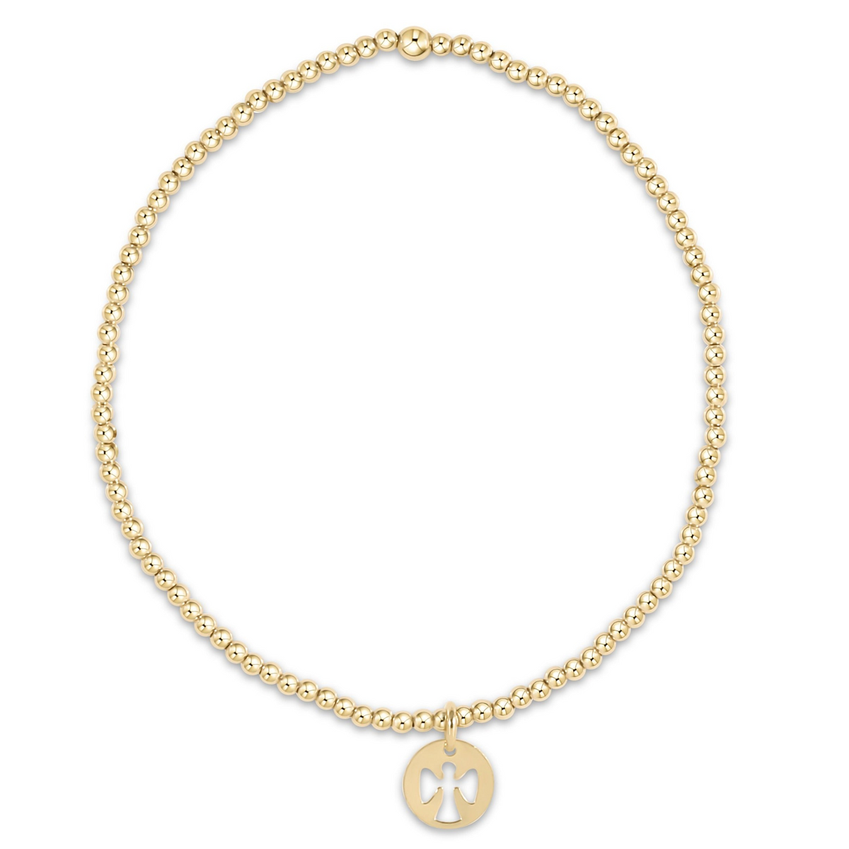Classic 2mm gold bead bracelet with a small circular guardian angel charm.