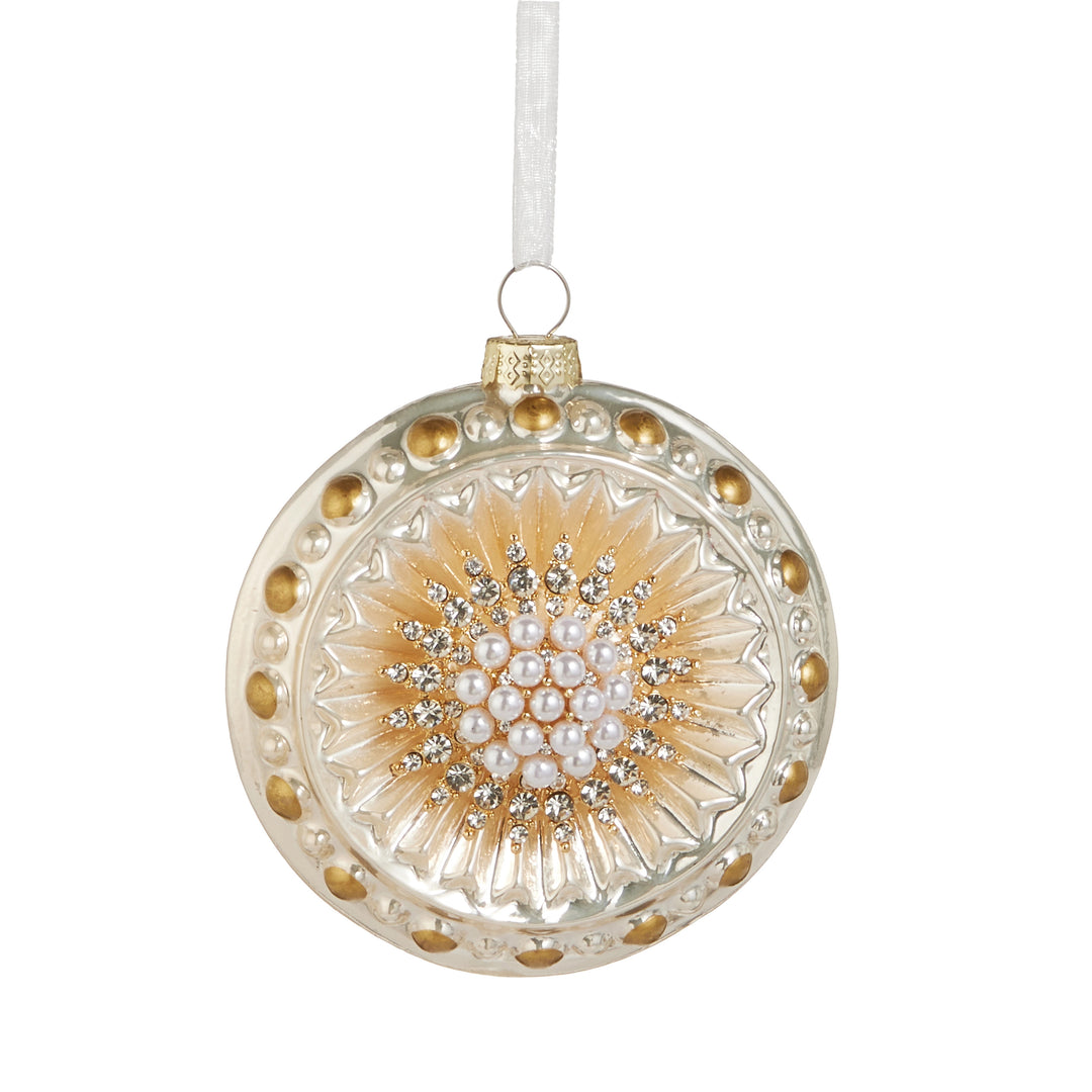 4-inch glass pearl medallion ornament with gold accents, rhinestones, and a white hanging ribbon.