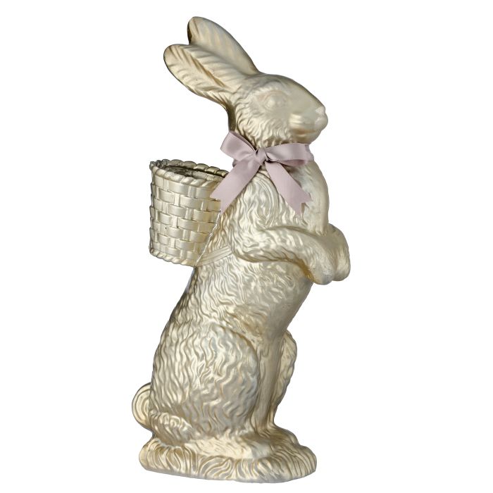 Hand-painted resin chocolate bunny figurine in a basket with ribbon accents
