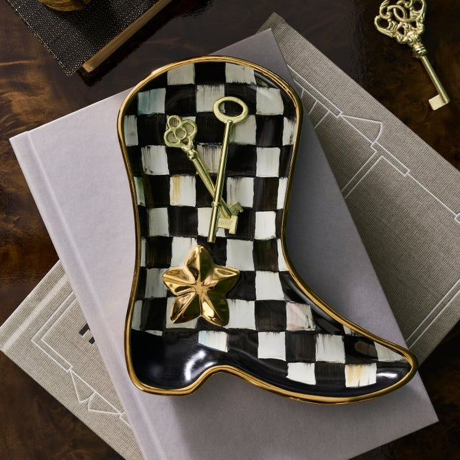 Lainey Wilson x MC Courtly Check Cowboy Boot Dish with gold trim and star detail on a book.