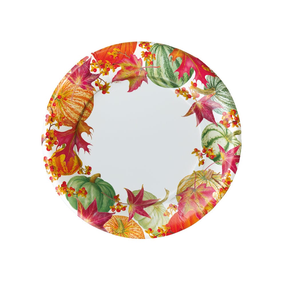 Round white paper plate with a border of colorful autumn gourds, pumpkins, and fall leaves.