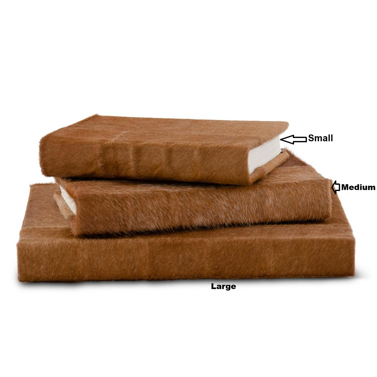Three tan hide journals in small, medium, and large sizes stacked on a white background.