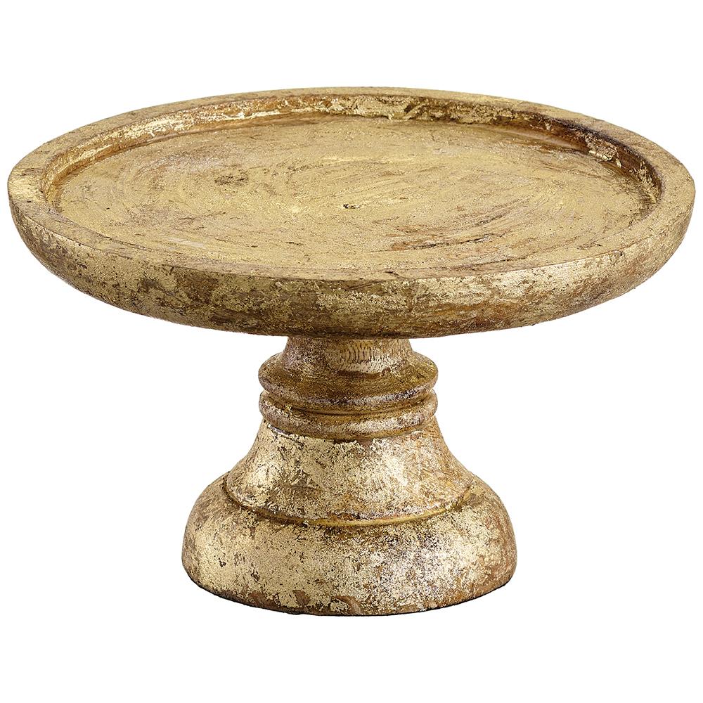Gold and brown mango wood cake stand with a distressed finish and a pedestal base.