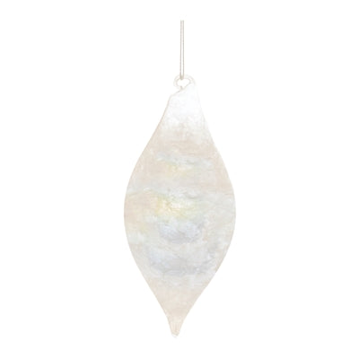 Tear-drop shaped iridescent white glass ornament with a silver hanging wire.