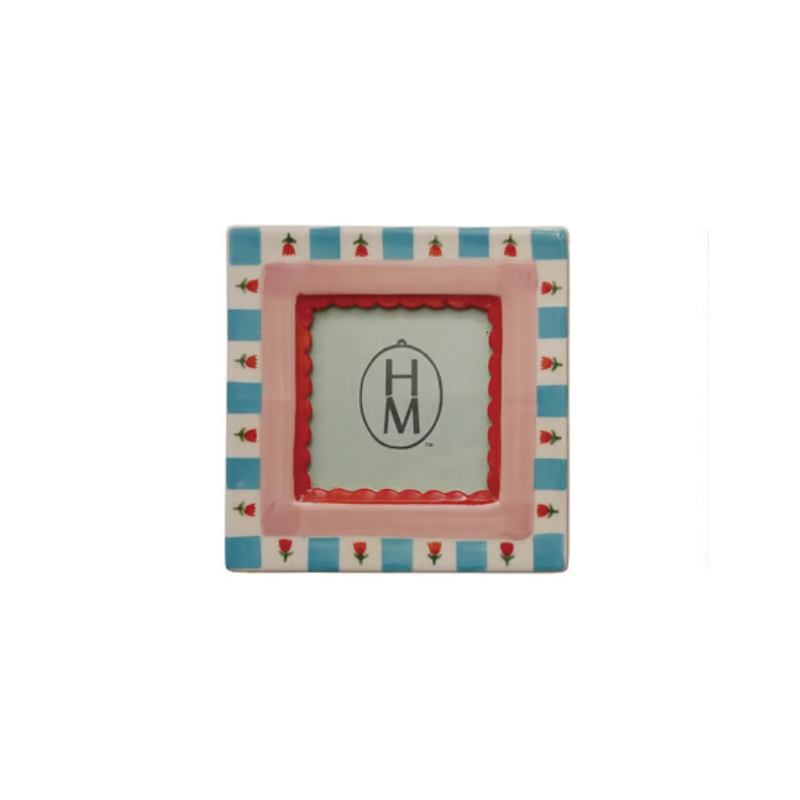 Square stoneware photo frame with blue and white checkered border, pink inner frame, and red trim.