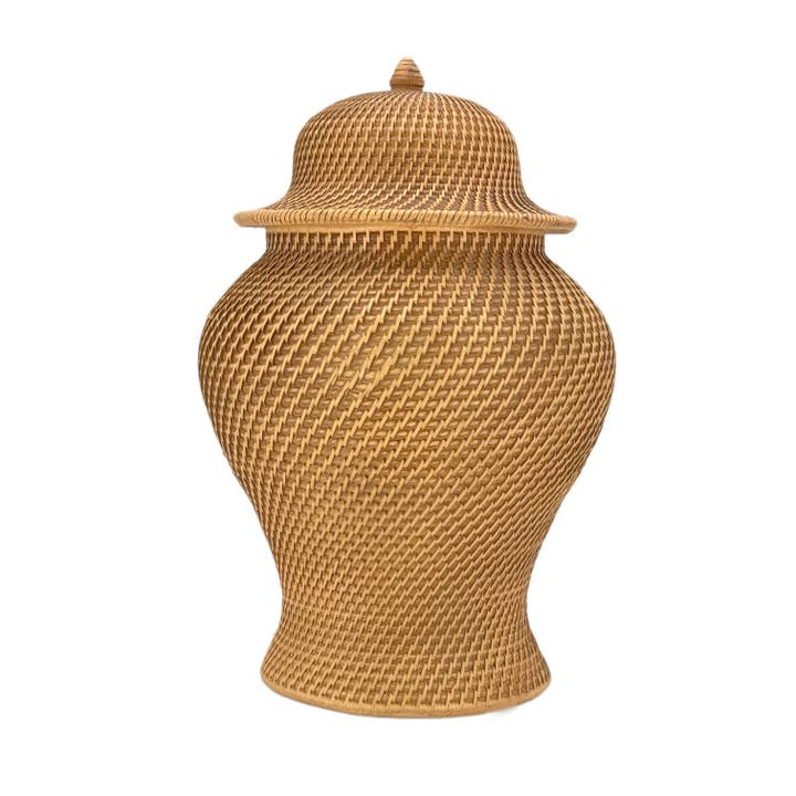 Faux wicker ginger jar made of polyresin with a basket-weave texture and domed lid.