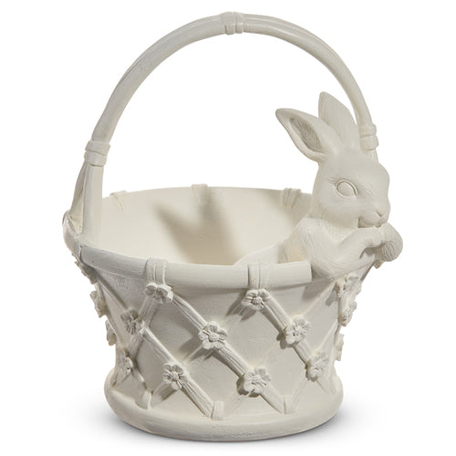 White resin bunny basket measuring 9 inches wide by 11 inches tall.