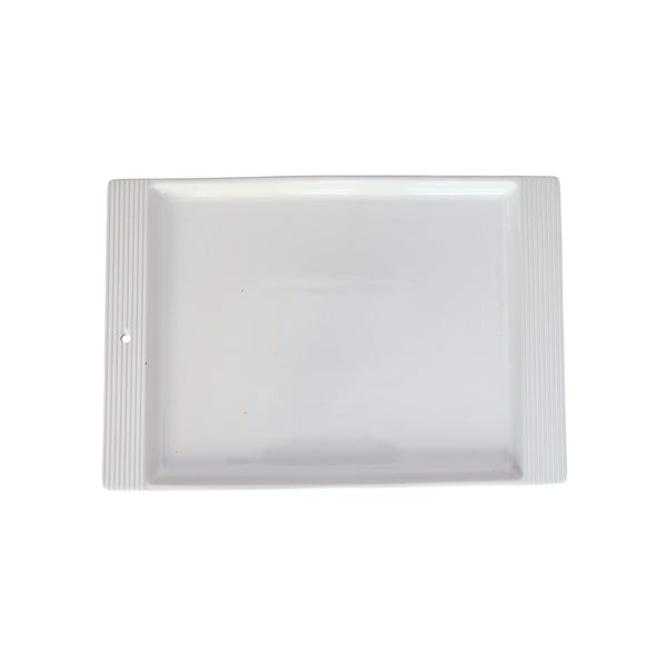 White rectangular ceramic platter with pinstripe textured rim and a small hole on one side.