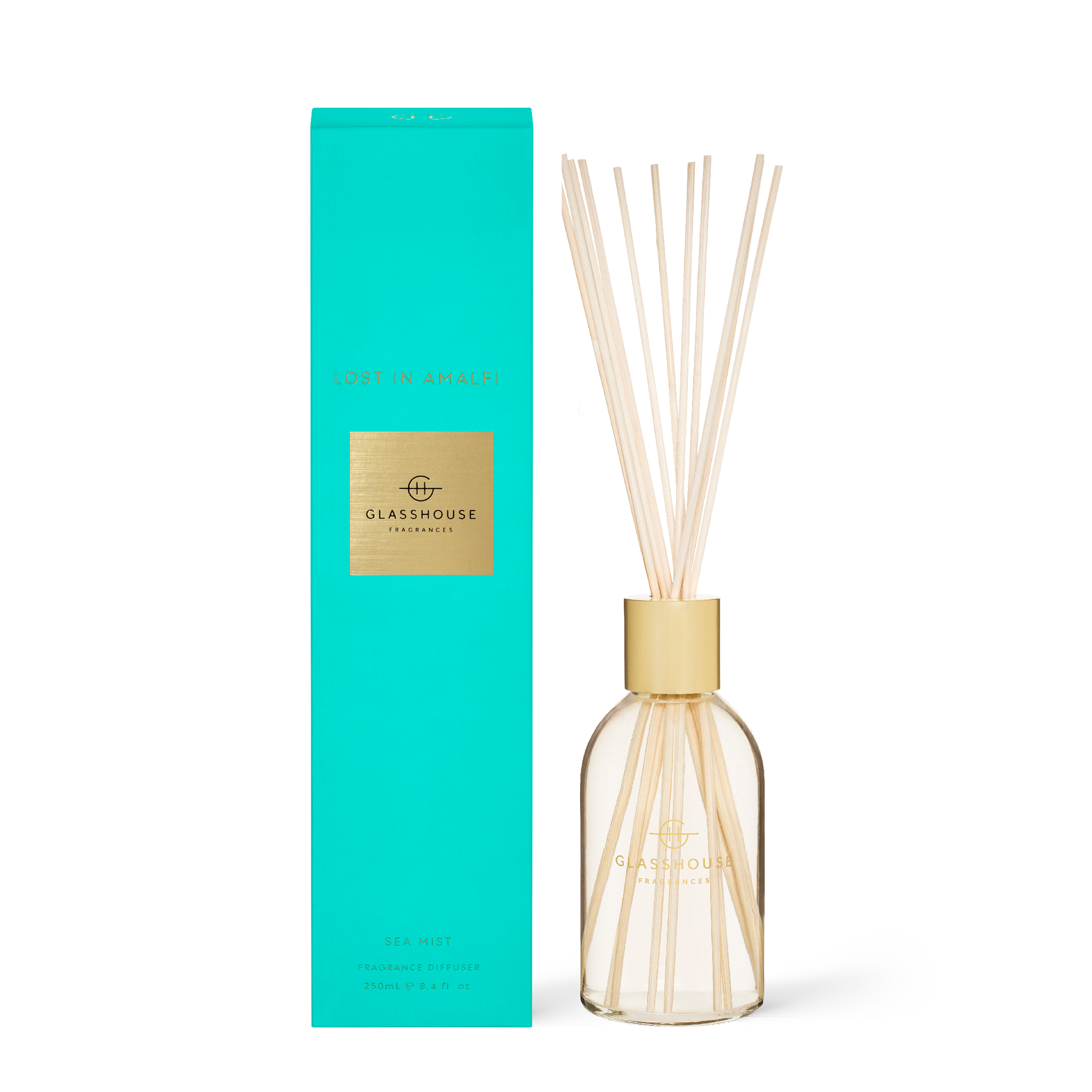 8.4 fl oz Lost In Amalfi diffuser with clear glass bottle and dark reeds