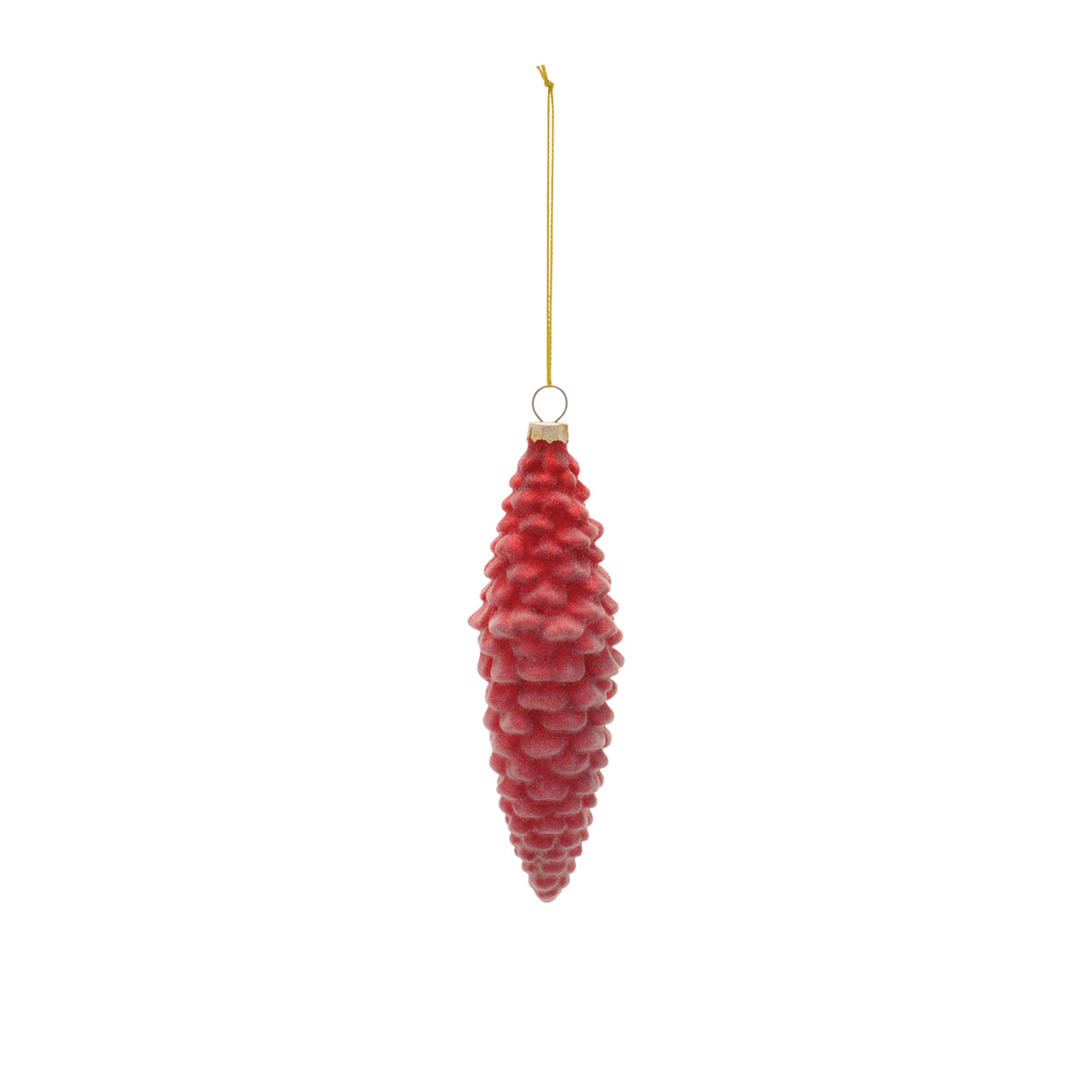 A red, textured pine cone Christmas ornament hanging from a gold string.