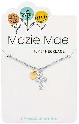 Silver two-tone cross pendant with a small heart charm on a delicate chain necklace.