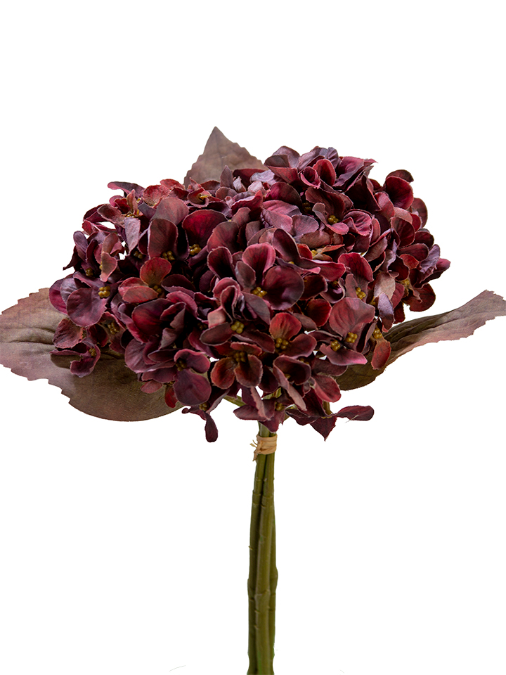 13-inch hydrangea bundle with three dark burgundy blooms, green stems, and broad leaves.