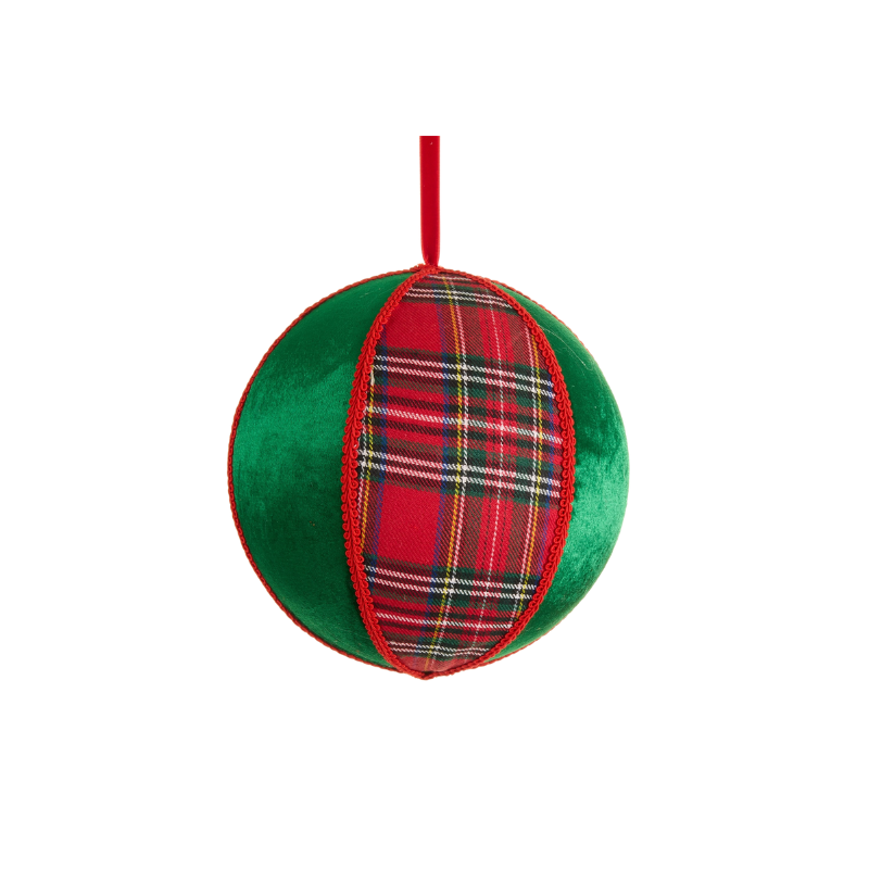 8-inch round Christmas ornament with green velvet panels and a red plaid fabric center stripe.