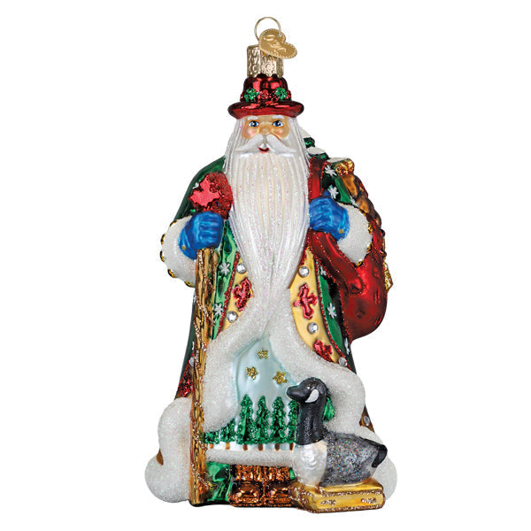 Canadian Santa ornament in red with a maple leaf accent on its hat.