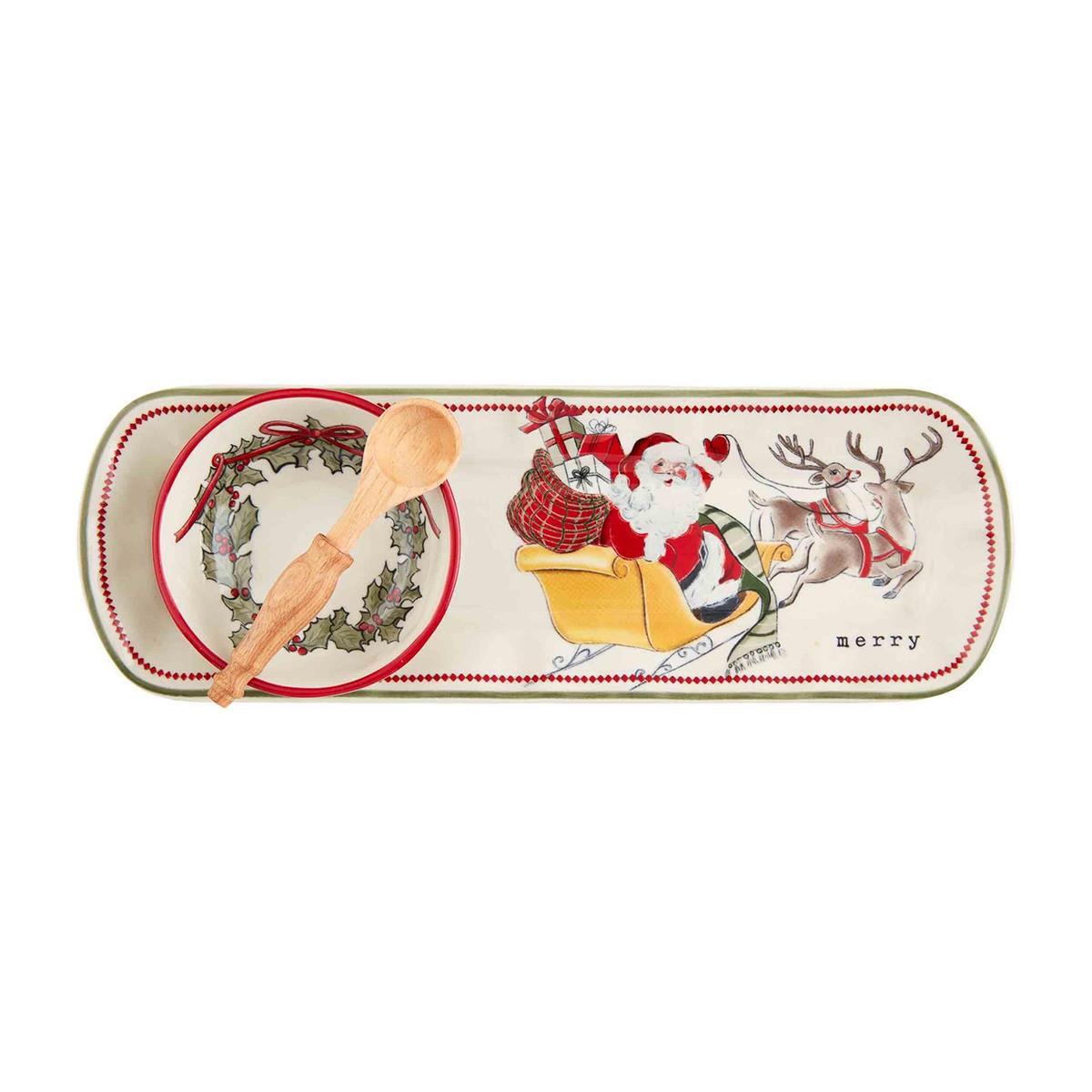 Vintage stoneware Santa tray set with matching dip bowl and spoon featuring festive holiday patterns.