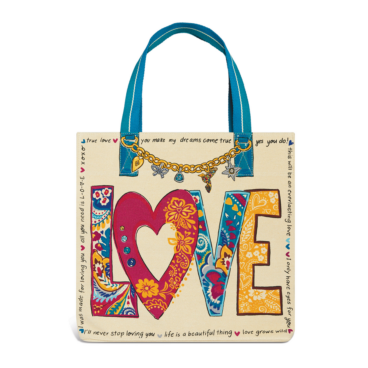 Love Story Canvas Tote Bag with colorful 'LOVE' artwork, heart designs, and blue handles.