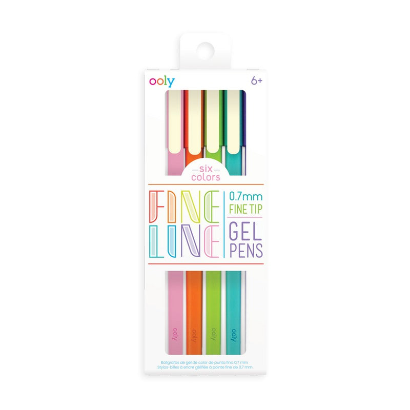 Set of six fine line gel pens with 0.7mm tips in assorted colors.