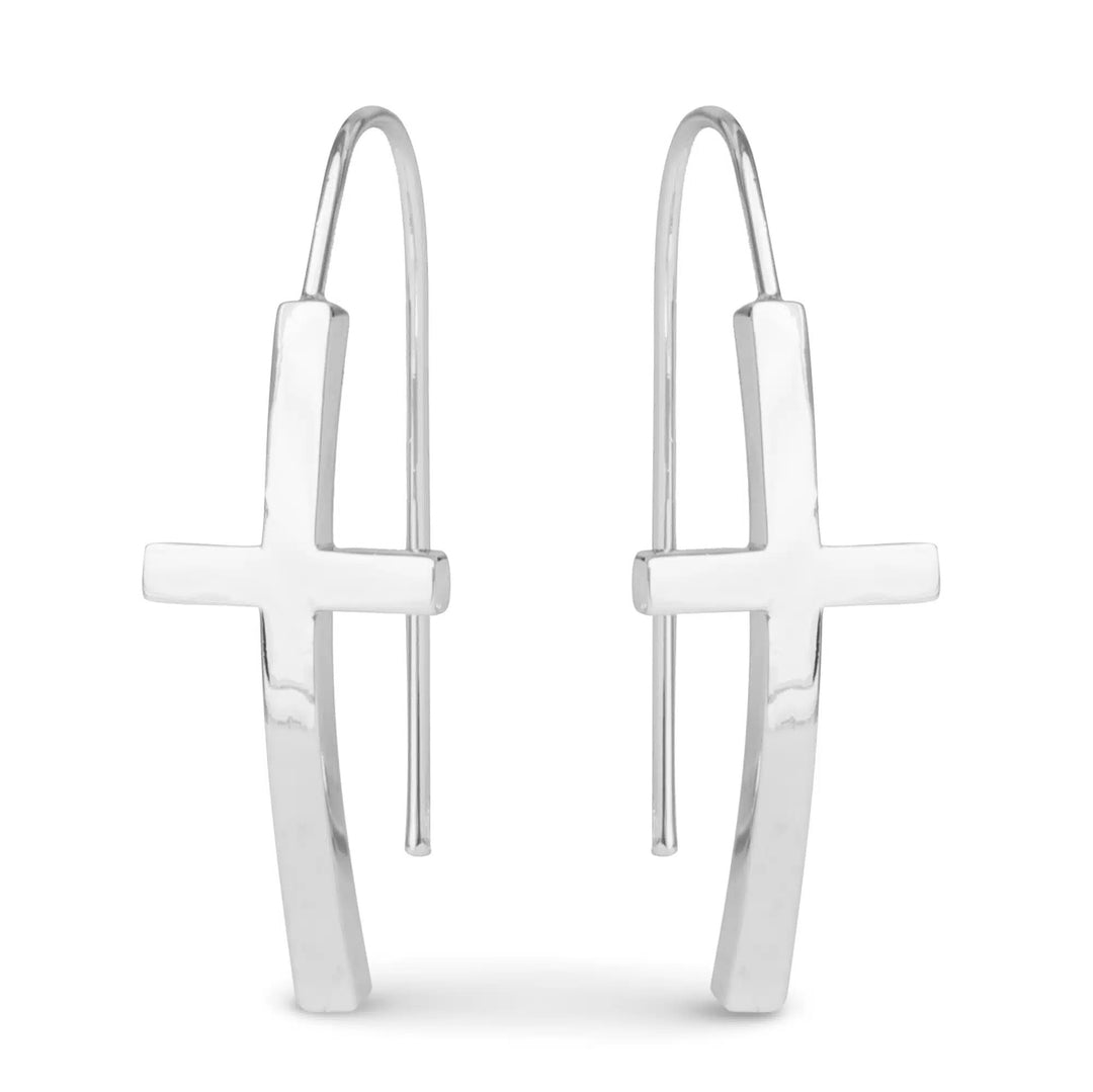 A pair of silver polished Maria cross drop earrings with a sleek, minimalist design.