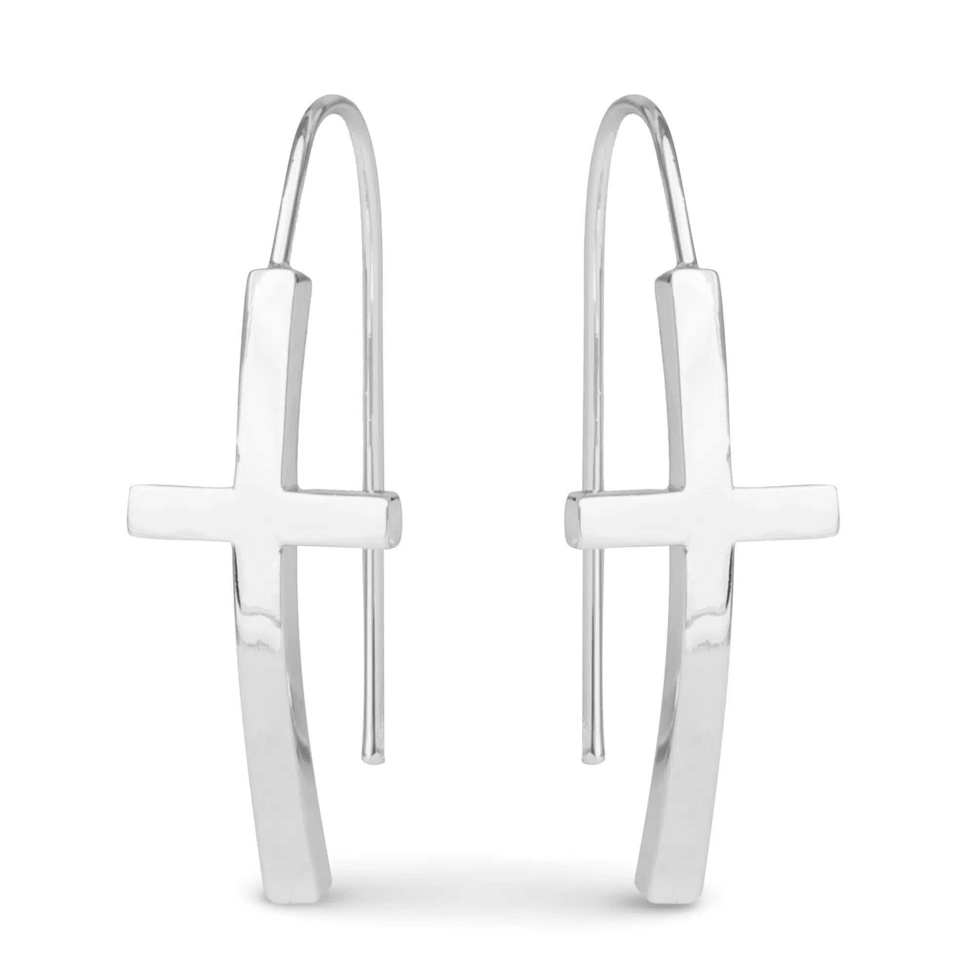 A pair of silver polished Maria cross drop earrings with a sleek, minimalist design.