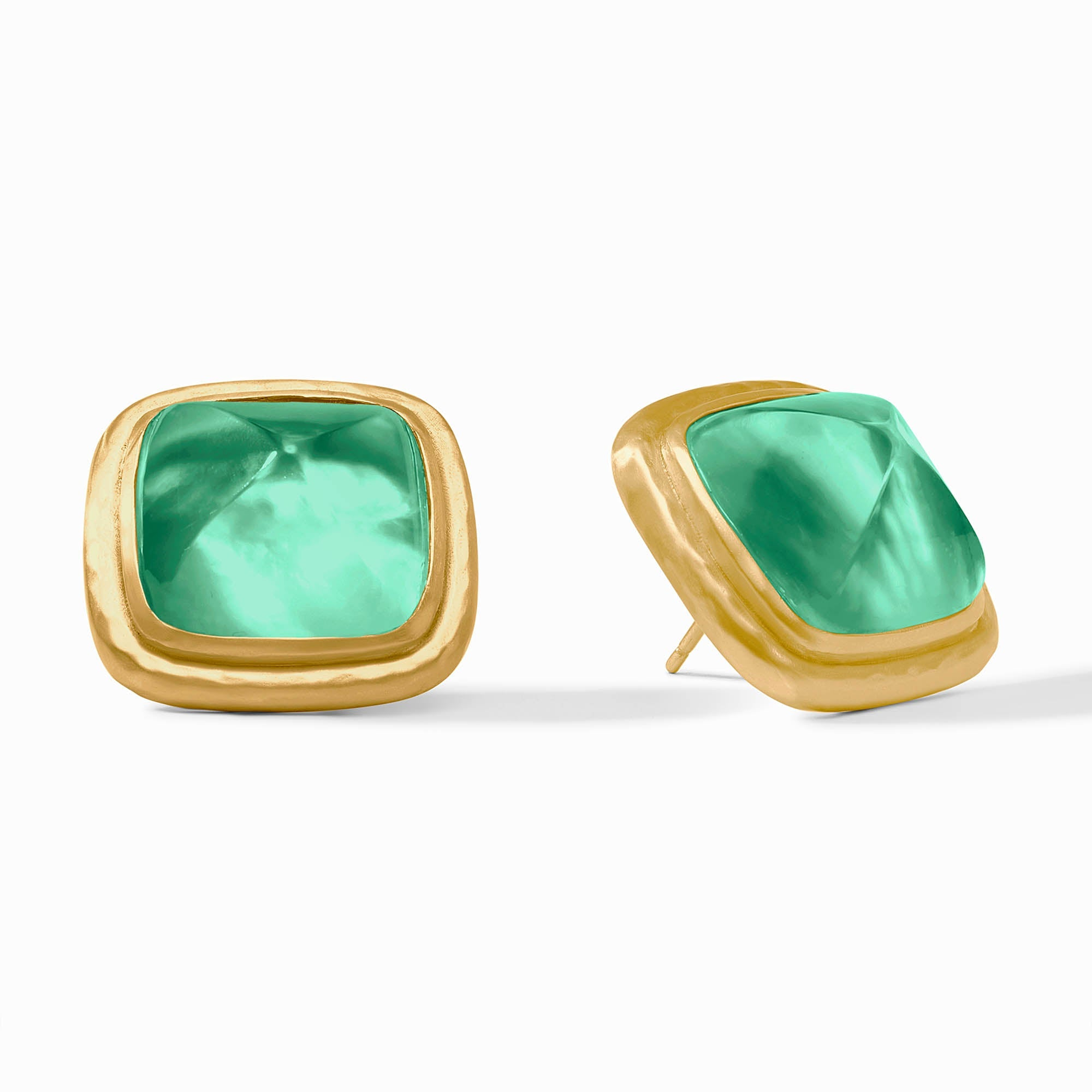 Sahara Stone Stud earrings in 24K gold plate with square green glass stones.