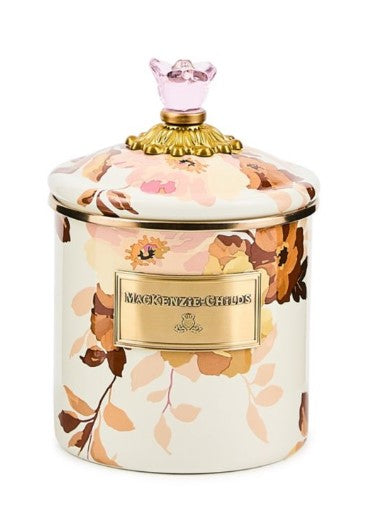 Wild Rose White Small Canister with floral pattern, gold-tone label, and pink glass lid knob.