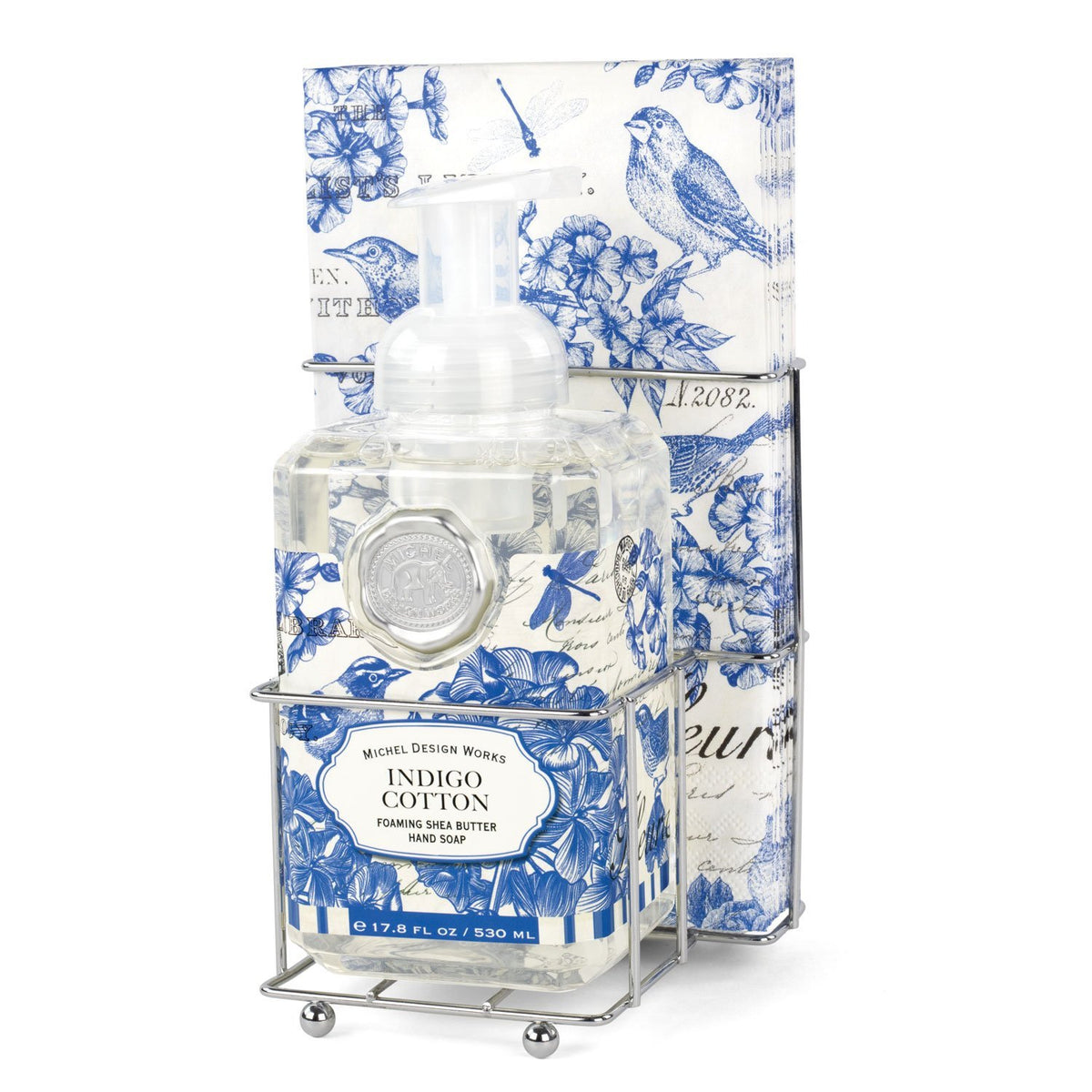 Foaming soap dispenser with matching napkin holder in neutral tones