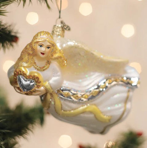 Angel with Heart Ornament in white resin featuring a gold heart pendant on the chest.
