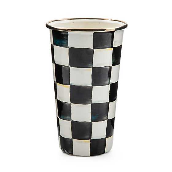 Courtly Check Enamel Tumbler with hand-painted black and white checks and a bronzed rim.