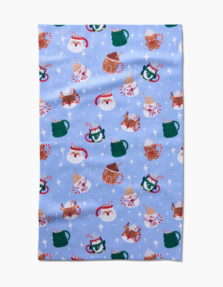 Holiday tea towel with waffle weave construction in red featuring a festive snowman pattern.
