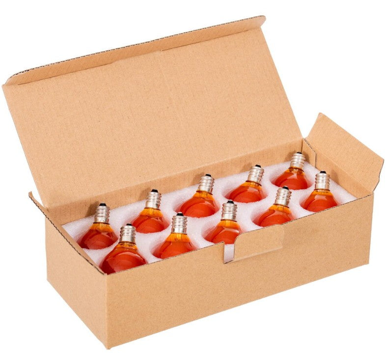 Box of 10 amber LED G40-E12 filament glass replacement bulbs in protective foam packaging.