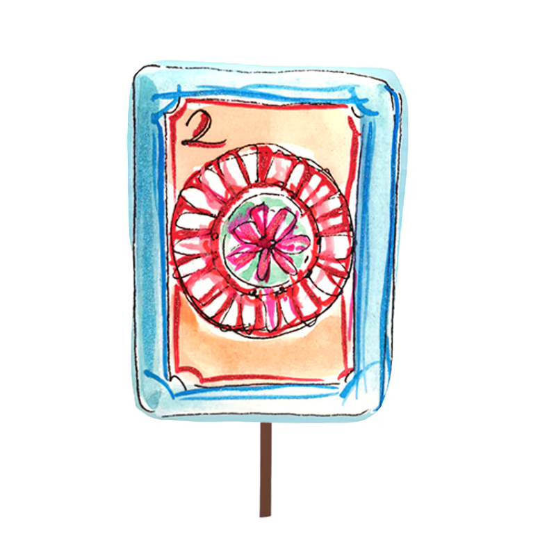 A decorative mahjong tile with a red and pink floral design and the number 2.