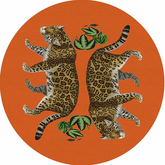 Round orange acrylic placemat tray with leopard print pebbled vinyl surface