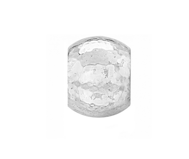 Silver barrel bead with hammered texture.