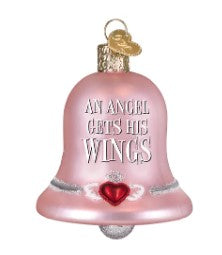 Pink bell ornament with 'AN ANGEL GETS HIS WINGS' text and a red heart with silver wings.