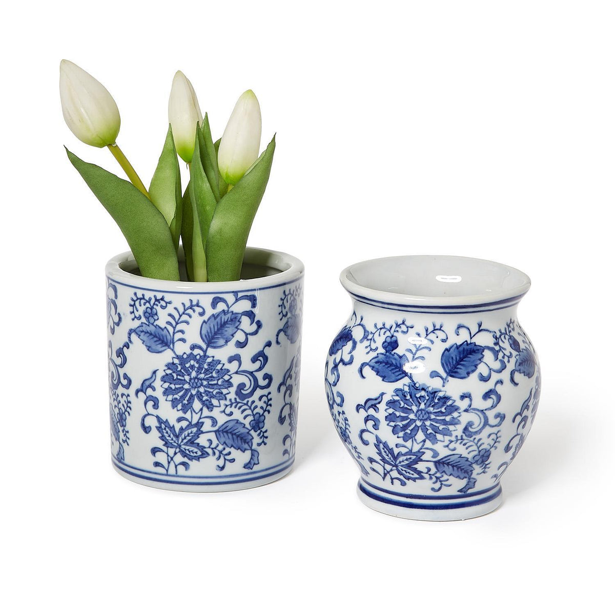 Two small blue and white hand-painted chinoiserie ceramic vases, one cylindrical and one bulbous.