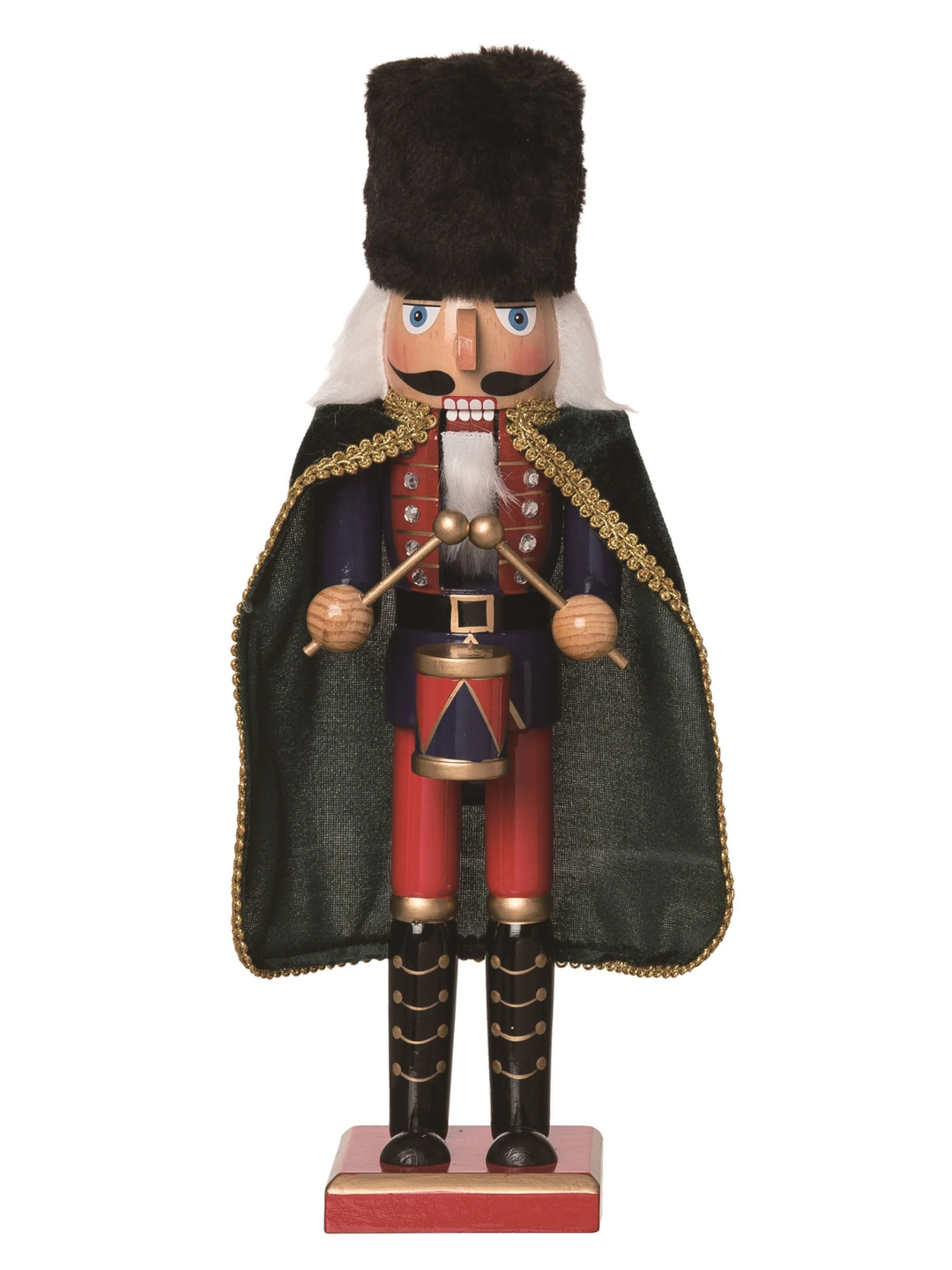 15-inch wooden nutcracker drummer wearing a black fur hat, green cape, and red and blue uniform.